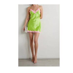T. by Alexander Wang Neon Green With Pink Lace Silk Slip Dress, Size 4.